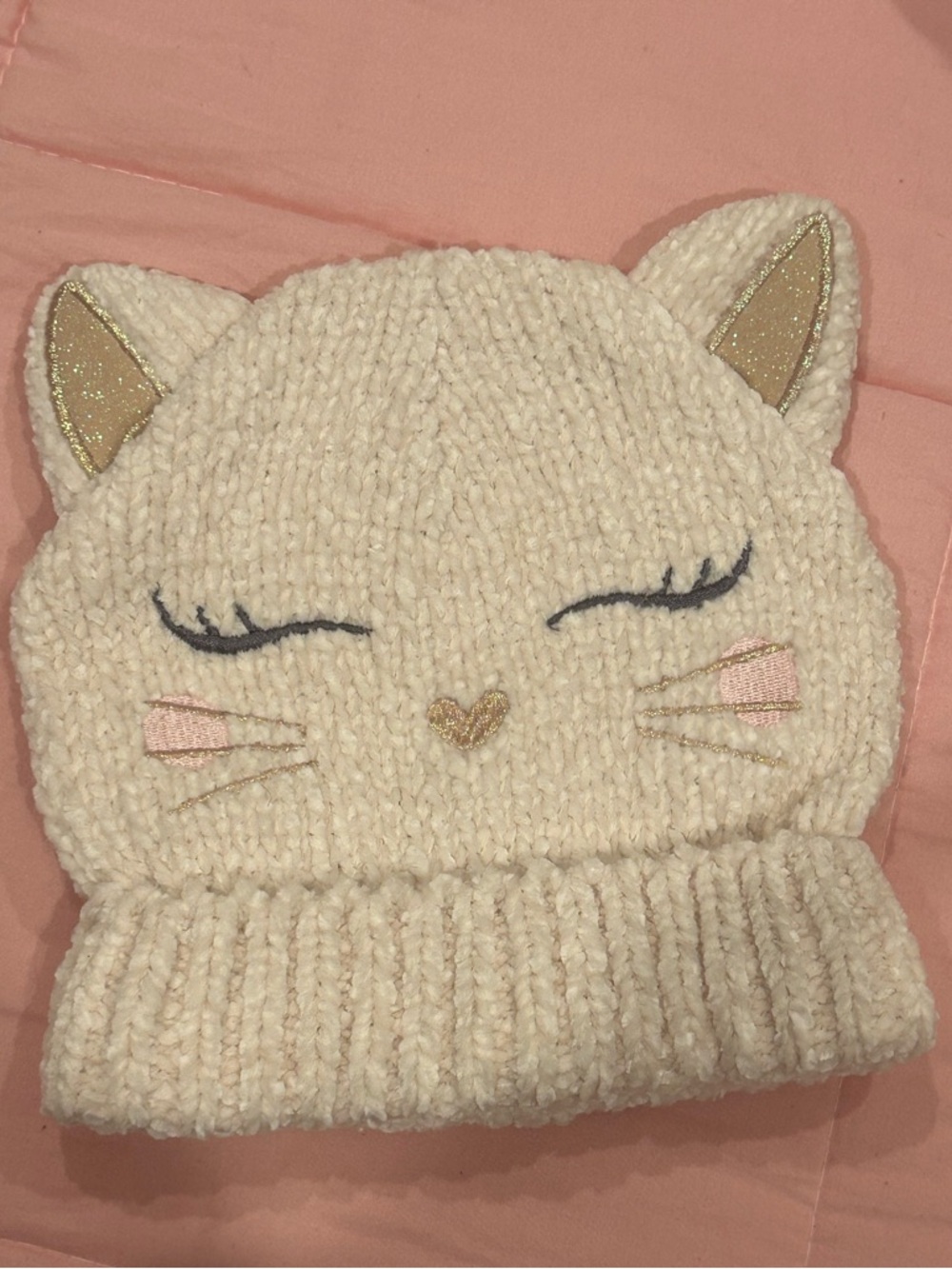 Girls Cream Knit Cat Ear Beanie with Pink & Gold Accents 😻